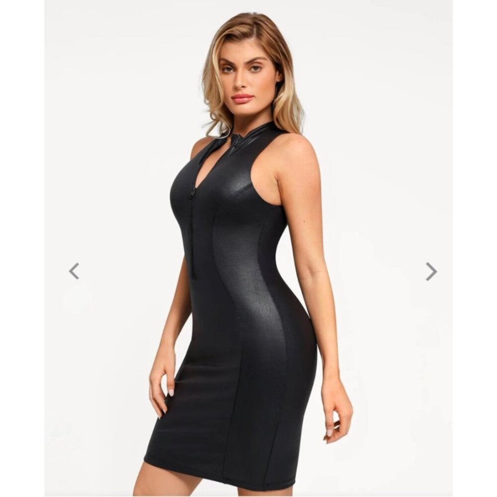 NEW Popilush Shapewear Sculpting Faux Leather Zip-Front Midi Dress Black Large - Picture 3 of 11
